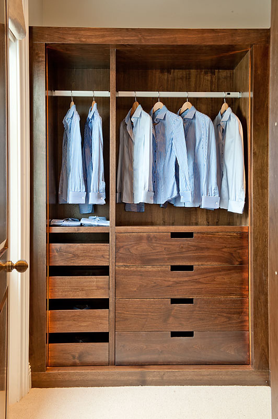 Walnut wardrobe interior with hanging rail and drawers